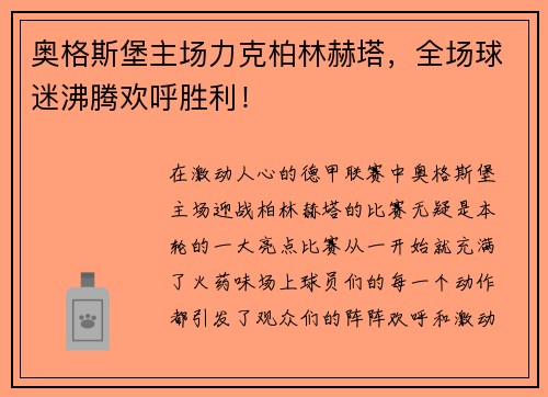 奥格斯堡主场力克柏林赫塔，全场球迷沸腾欢呼胜利！